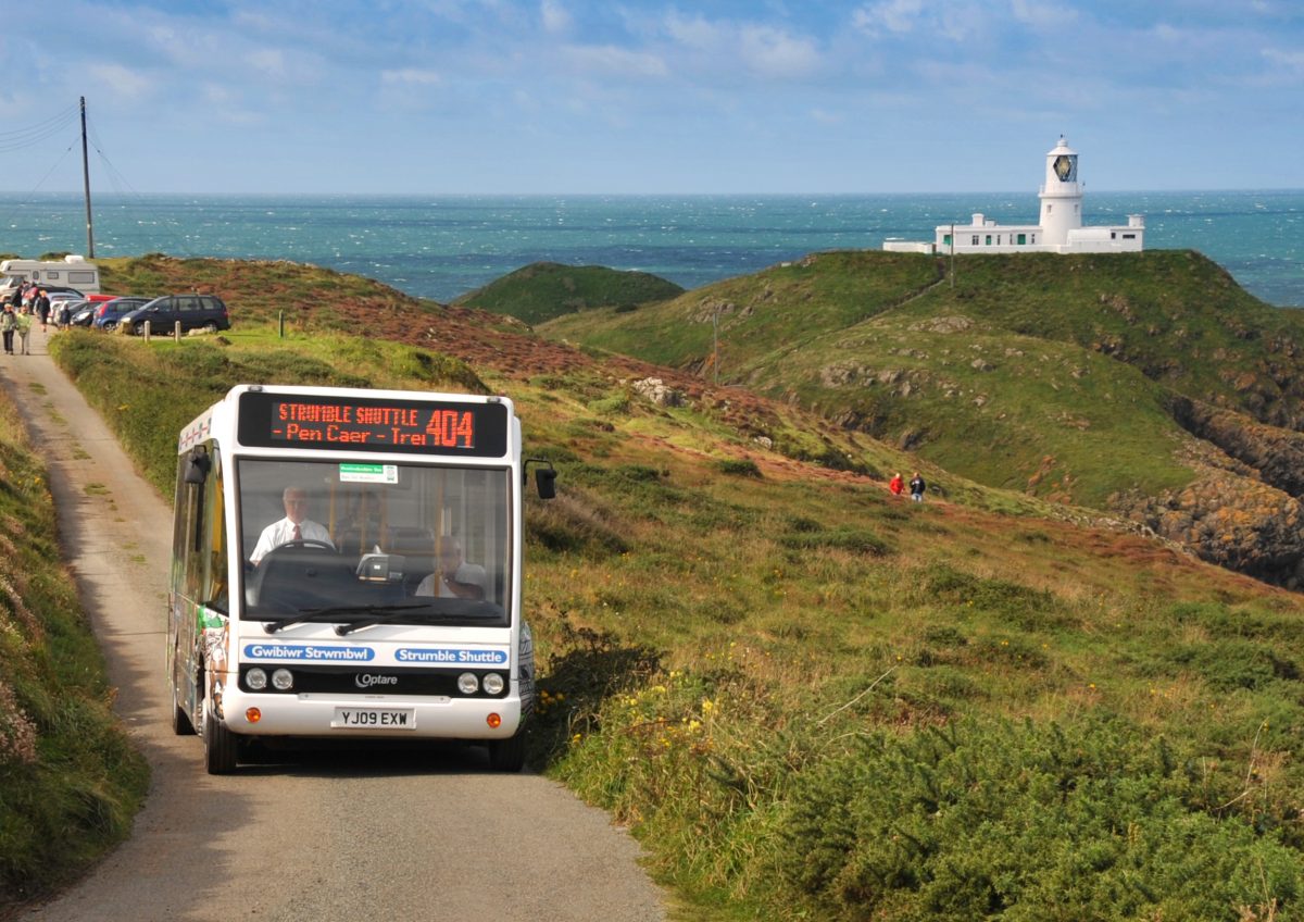 Minibus driving near the Strumble Head lighthouse