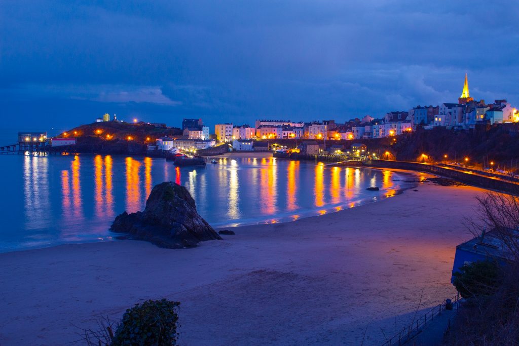 Seaside town of Tenby viewed at night