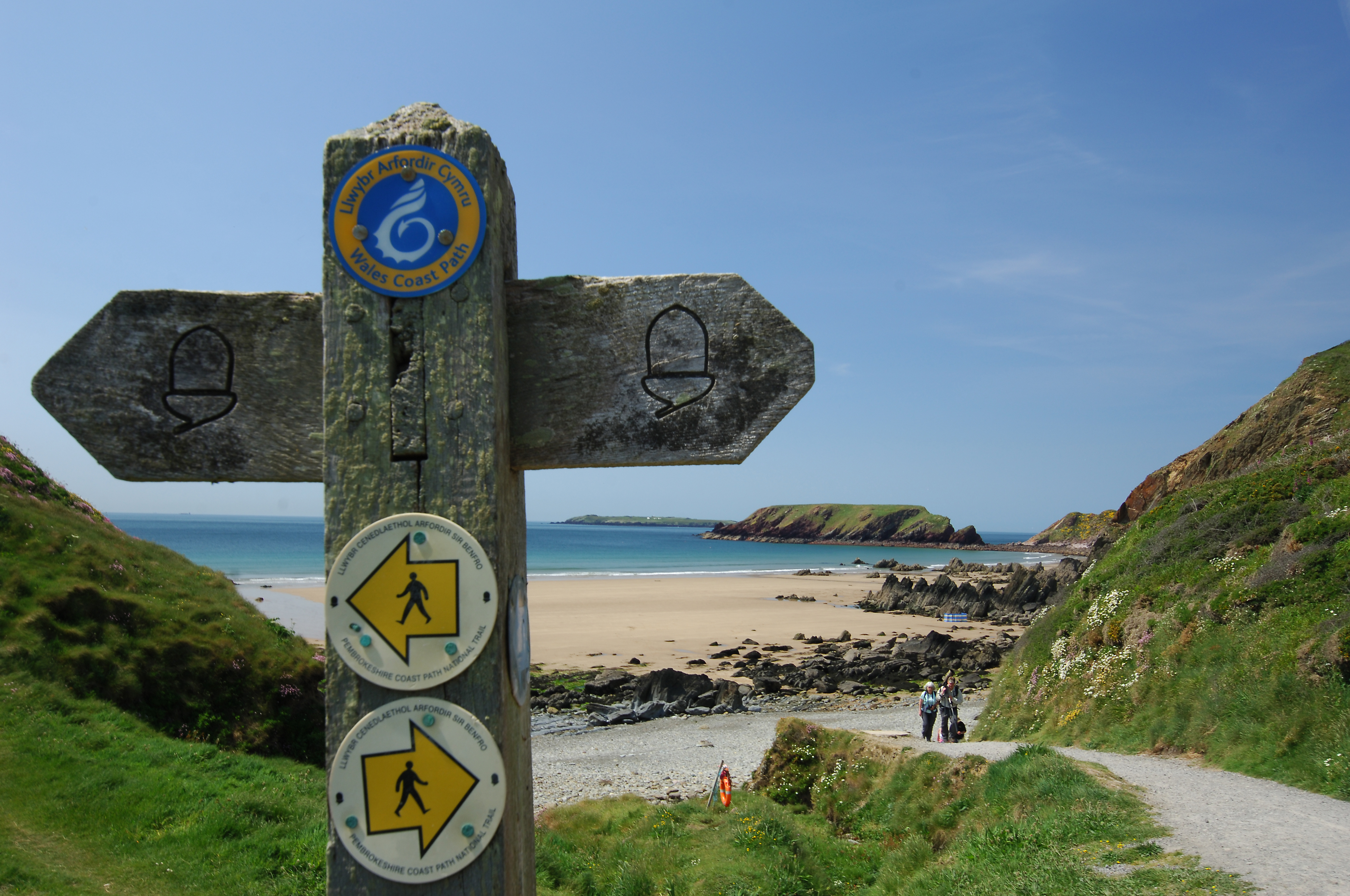 Wooden signpost on the Pembrokeshire Coast Path at Marloes Sands, Pembrokeshire, Wales, UK