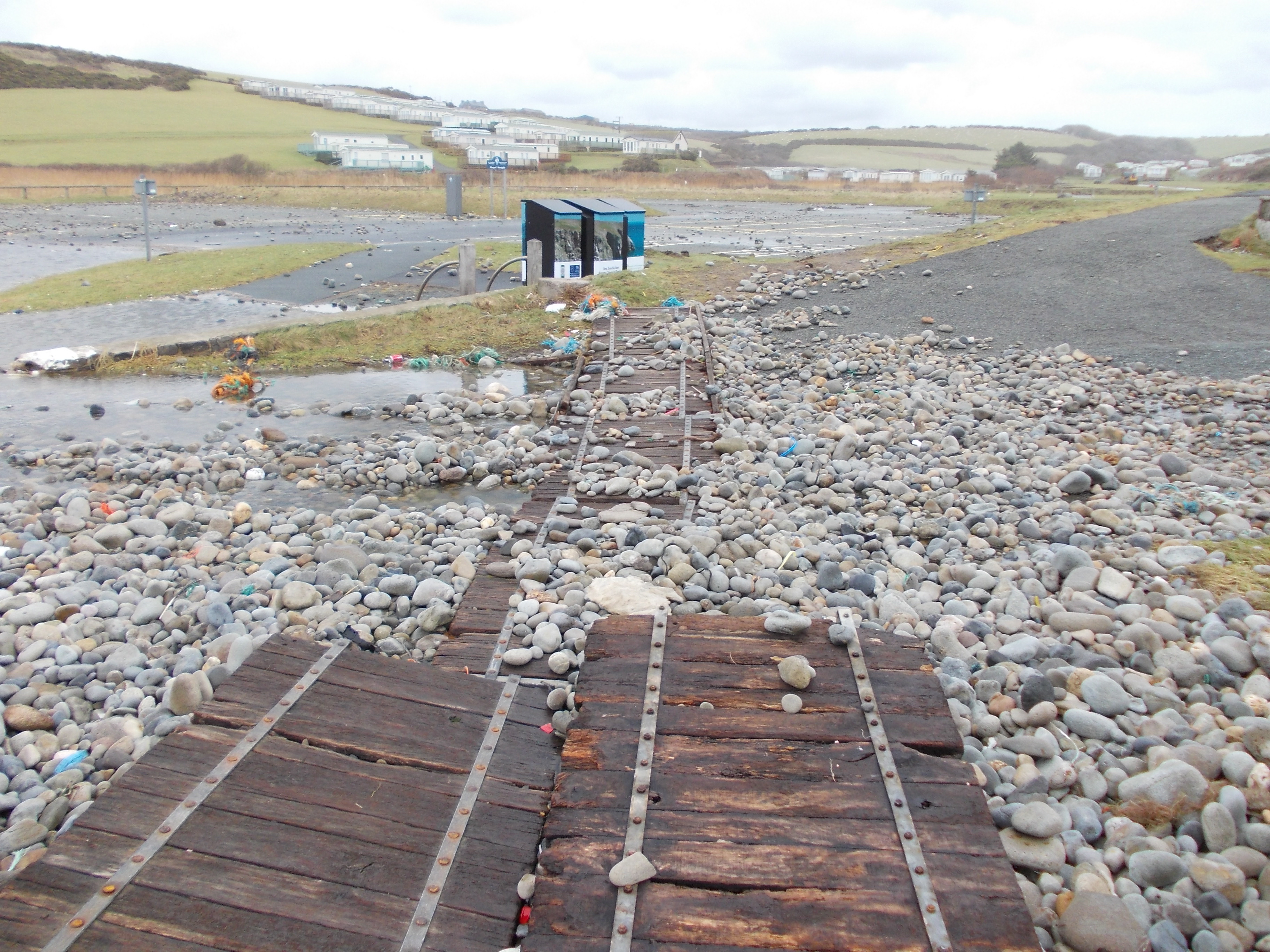 Flooding at the National Park Authority's car park at Newgale, Pembrokeshire Coast National Park, Wales, UK