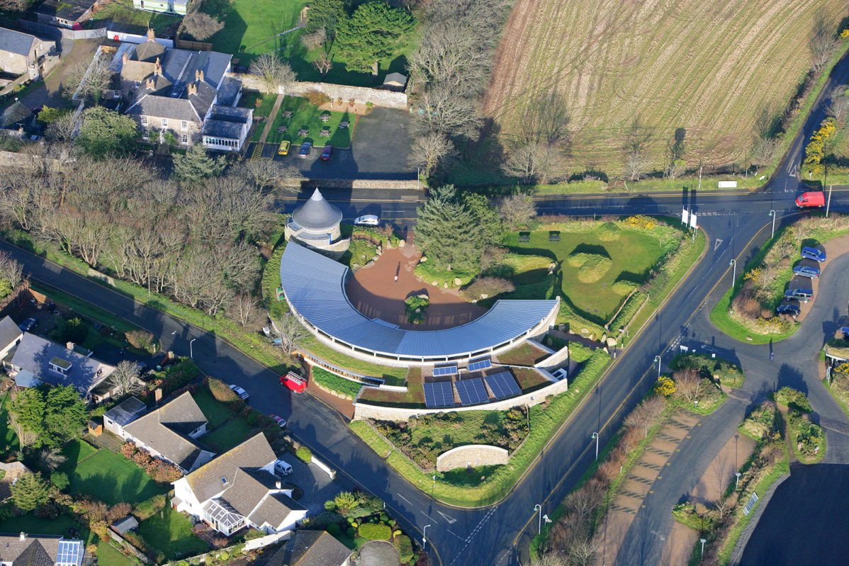 Aerial image of Oriel y Parc Gallery and Visitor Centre, St Davids, Pembrokeshire Coast National Park, Wales, UK