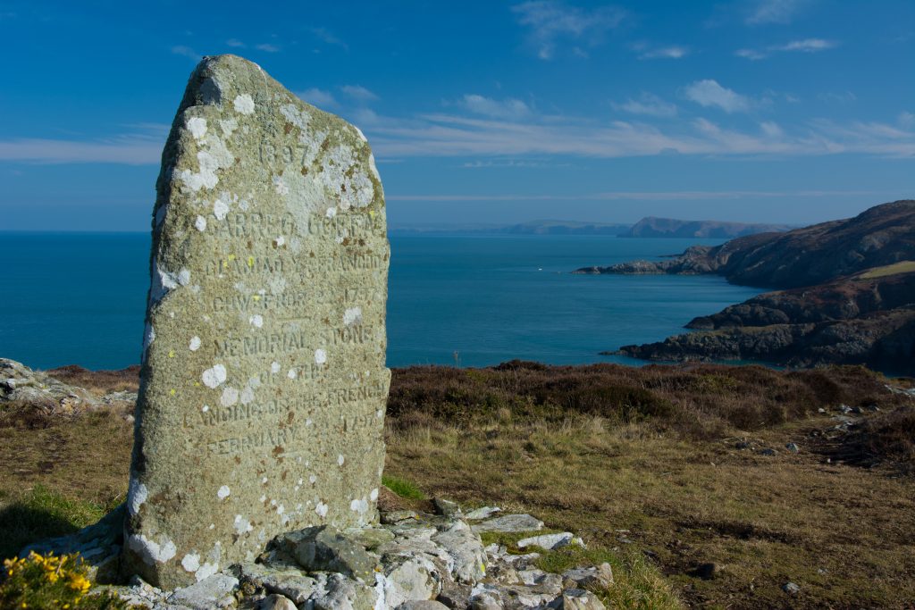 Memorial stone on Carregwastad Point near Fishguard remembering the last invasion of Wales by the French in 1797.