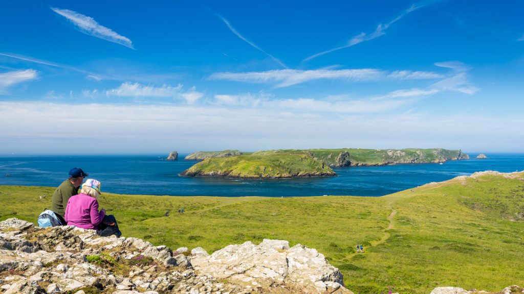 Skomer Island viewed from the Deer Park on the mainland. Skomer Island, Pembrokeshire, Wales, UK