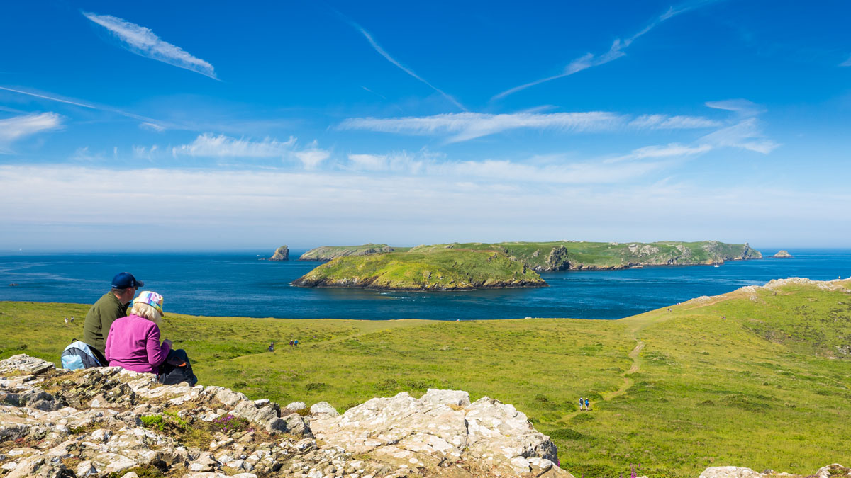 Skomer Island viewed from the Deer Park on the mainland. Skomer Island, Pembrokeshire, Wales, UK