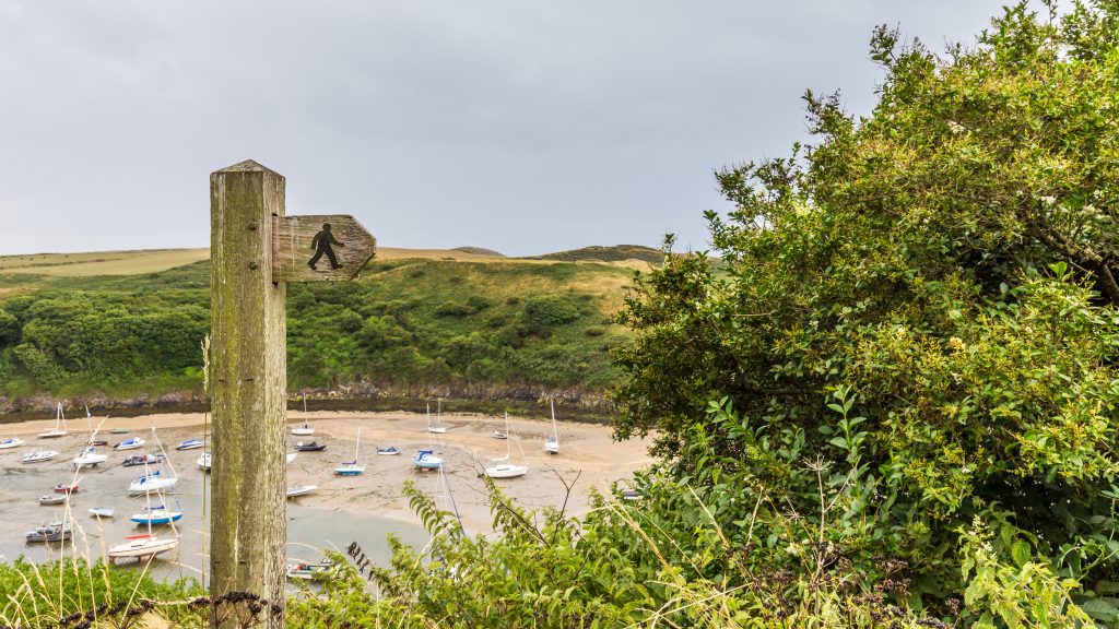 Route sign of Pembrokeshire Coast Path, Solva, Pembrokeshire Coast National Park, Wales, UK