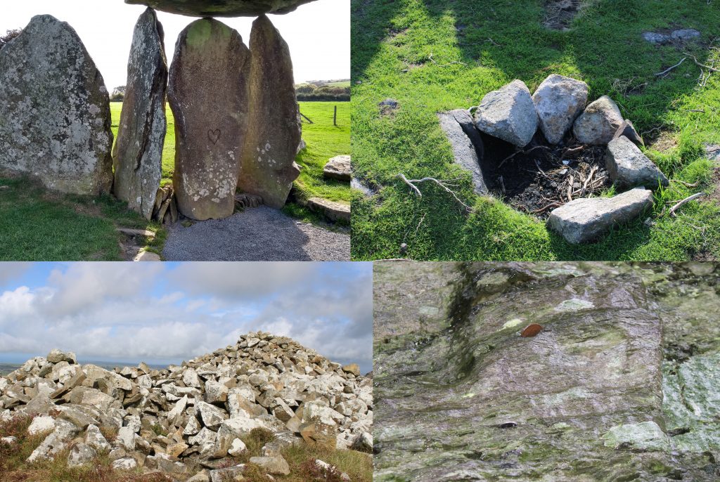 Esiamplau o drosedd treftadaeth niweidiol i henebion eiconig y Parc Cenedlaethol; graffiti yn siambr claddu Pentre Ifan (uwch chwith), tystiolaeth o dan ar wersyll Carn Ingli (uwch dde), arian wedi ei tharo mewn i groes pererin yn Nanhyfer (is dde) ag aildrefniad o garnedd gron oes yr efydd Carn Briw (is chwith). width=