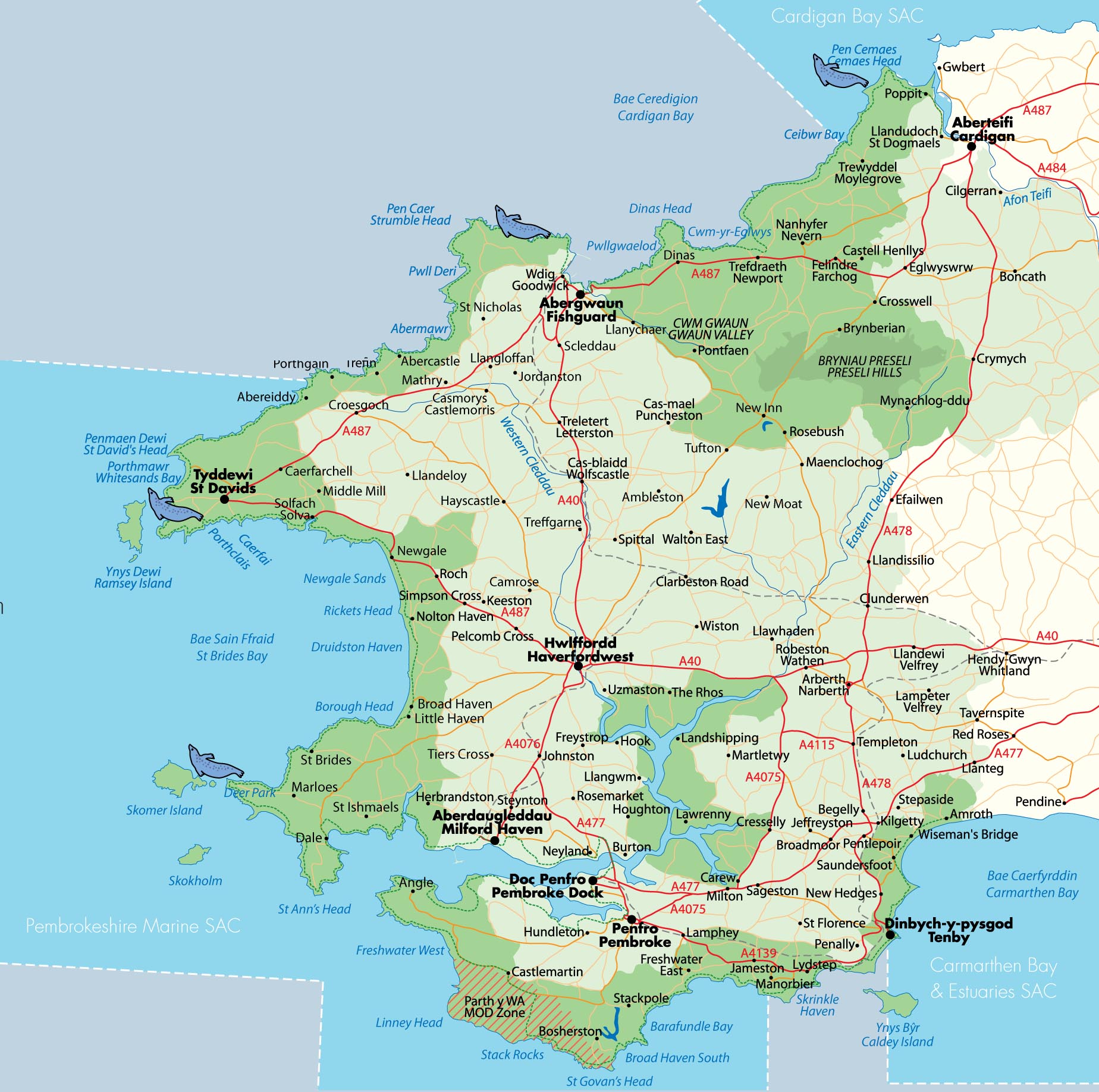 Map of Pembrokeshire showing the best seal watching locations (Cemaes Head, Strumble Head, Ramsey Island and Skomer Island)