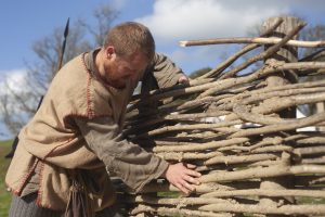 Man in Iron Age costume adding daub to a wattle wall made from willow