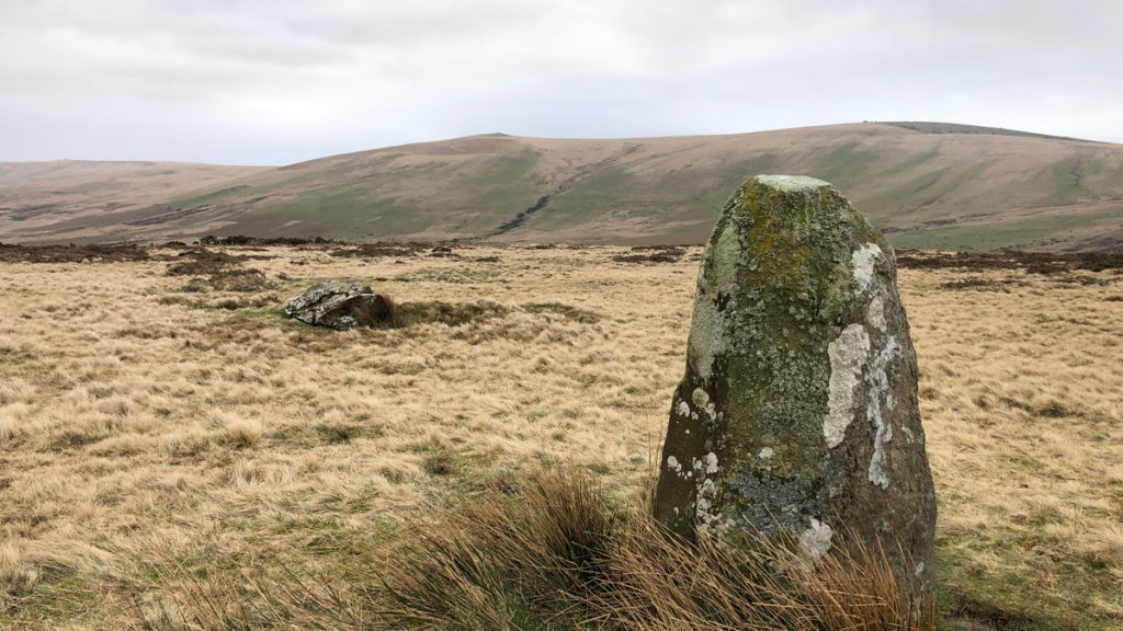 Grey stone protruding from a yellow grassy field with sweeping hills in the background