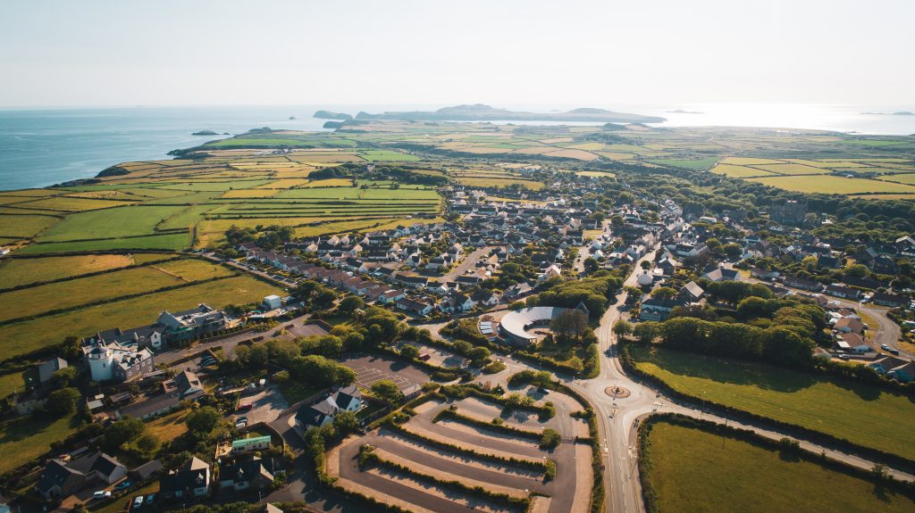 Aerial photograph of a coastal settlement (city of St Davids, Pembrokeshire)