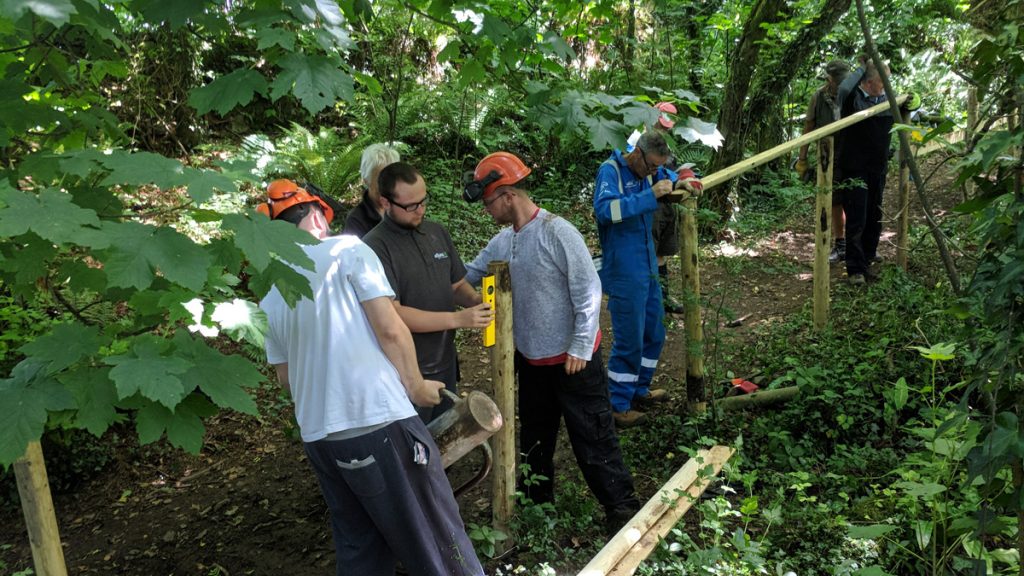 Group of people repairing a fence in a wooden area