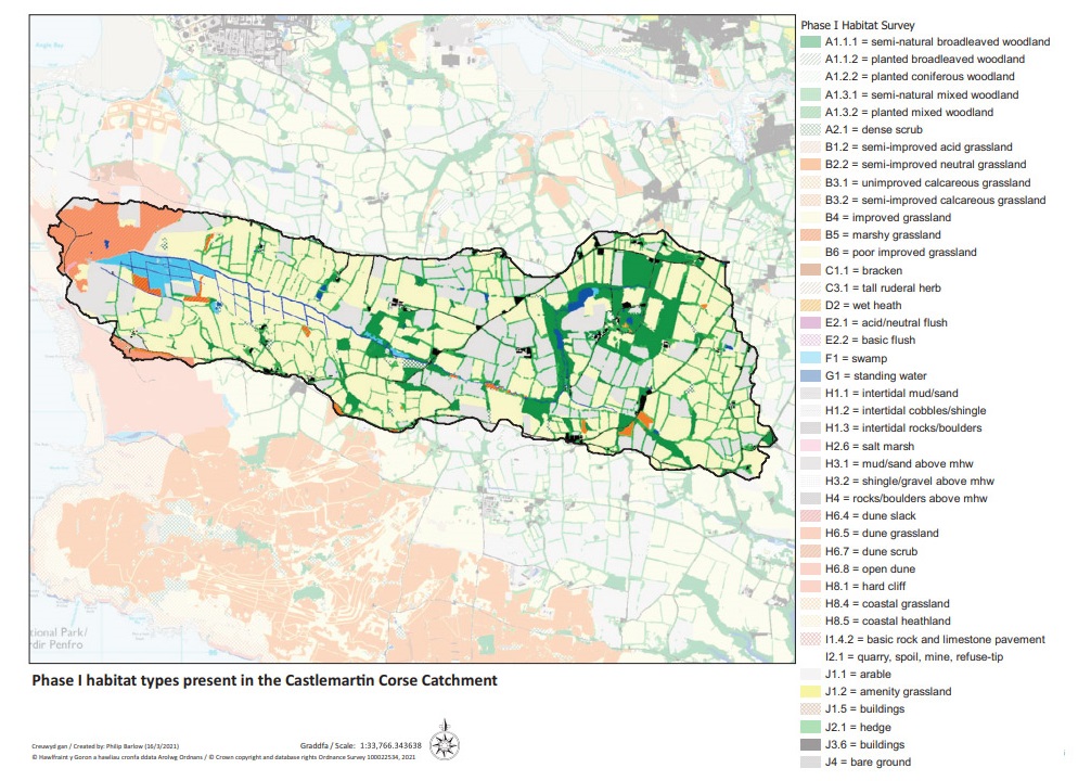Map showing phase one data for the Castlemartin Corse catchment below providing habitat types with different areas shaded in different colours