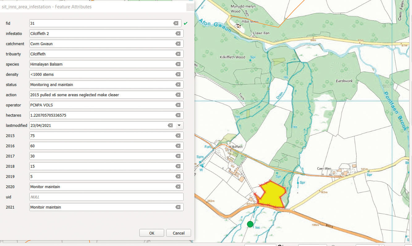 Map showing Gwaun Valley with table showing levels of Himalayan balsam infestation from 2015-2019