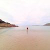 Single female in a one piece bathing suit standing in knee-high water at a sandy beach. Sandstone cliffs can be seen to the left and right. Location pictured is Manorbier, Pembrokeshire