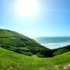 Lisa Bevan Druidston 2022 View of a beach from a grassy field behind a stone wall on a sunny day with hardly a cloud in the sky. Location pictured is Druidston, Pembrokeshire