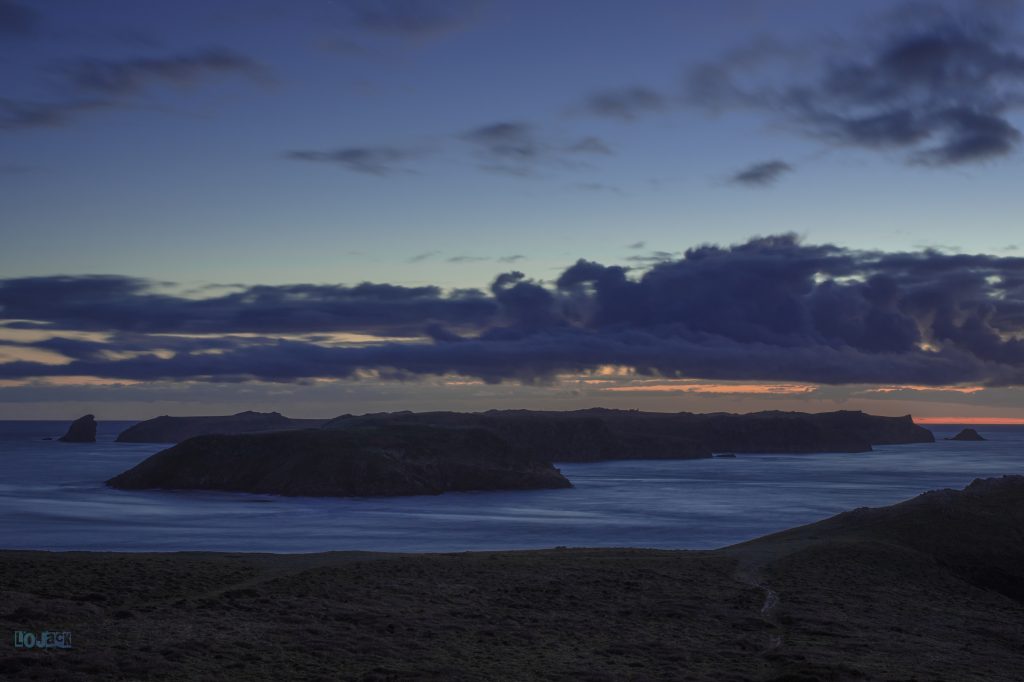 View of an island from the mainland at dusk. The twilight makes the grassy mainland and island seem almost purple in colour and sea a grey blue shade. Location pictured is Skomer Island from the Deer Park, Pembrokeshire