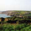 Ruth Ashworth Little Haven Fort Hotel 2011 View across a grassy clifftop to a rugged coastline in the distance with houses scattered across the clifftop.