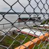 Simon Carpenter Milford Haven Bridges 2022 View of a ship docked at an industrial facility, photograph taken through a chain link fence.