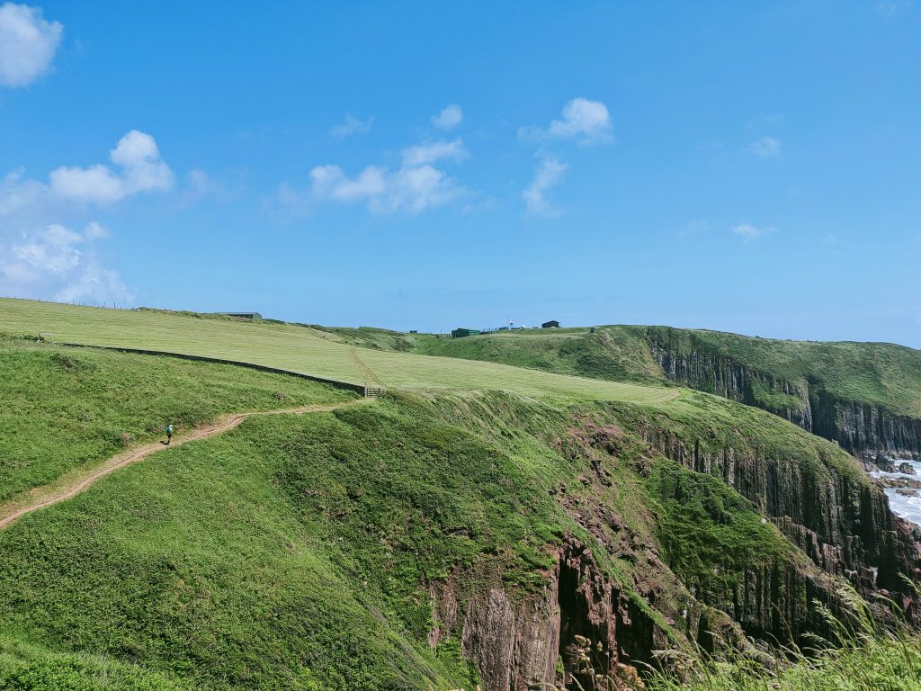 Person walking along a coastal footpath which cuts a line along a grassy clifftop with limestone cliffs below. The sky is blue with very few small clouds floating in it. Location pictured is Skrinkle, Pembrokeshire