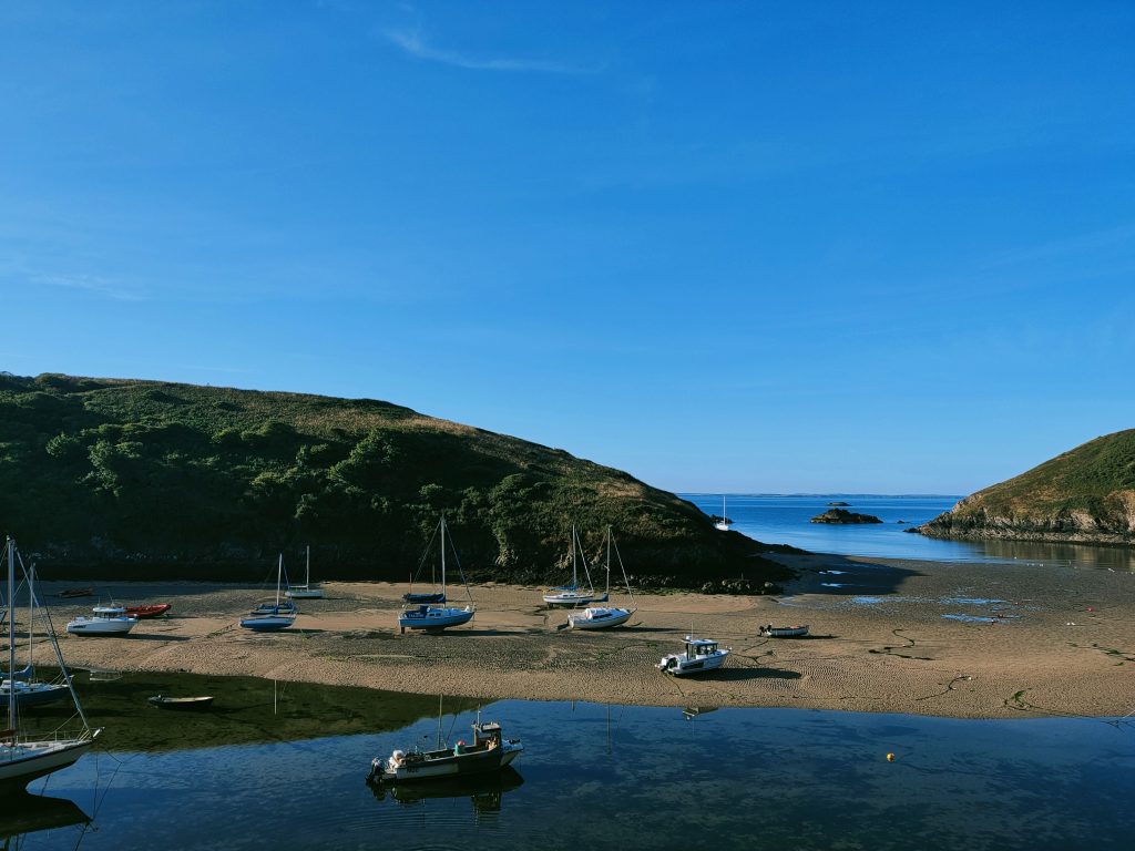 Several boats moored in a tidal harbour at low tide, leaving many of them leaning as the tide recedes leaving a sandy bed below.  It's a sunny day with clear blue skies. Location pictured is Solva, Pembrokeshire