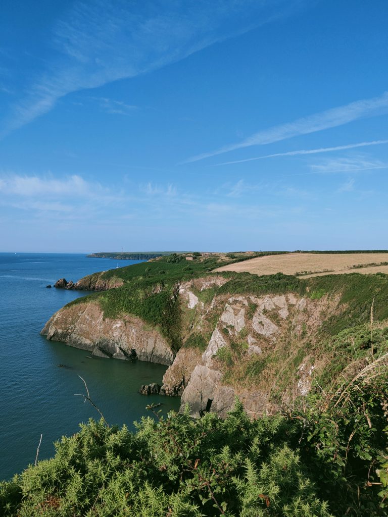 View across a number of small headlands extending out into the calm blue sea on a sunny day with blue skies above. The clifftops are covered with a smattering of green grass and gorse with yellow dry fields behind. Location pictured is St Anne&#039;s Head, Pembrokeshire