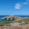Lighthouse located on a rocky islet photographed from across a rugged clifftop on a sunny day with blue skies and blue seas below. Location pictured is Strumble Head, Pembrokeshire