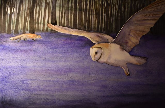 Illustration of a barn owl flying over a woodland carpeted with bluebell flowers with a fox lurking in the background. Image is from The Lost Words - Bluebell iii © Jackie Morris