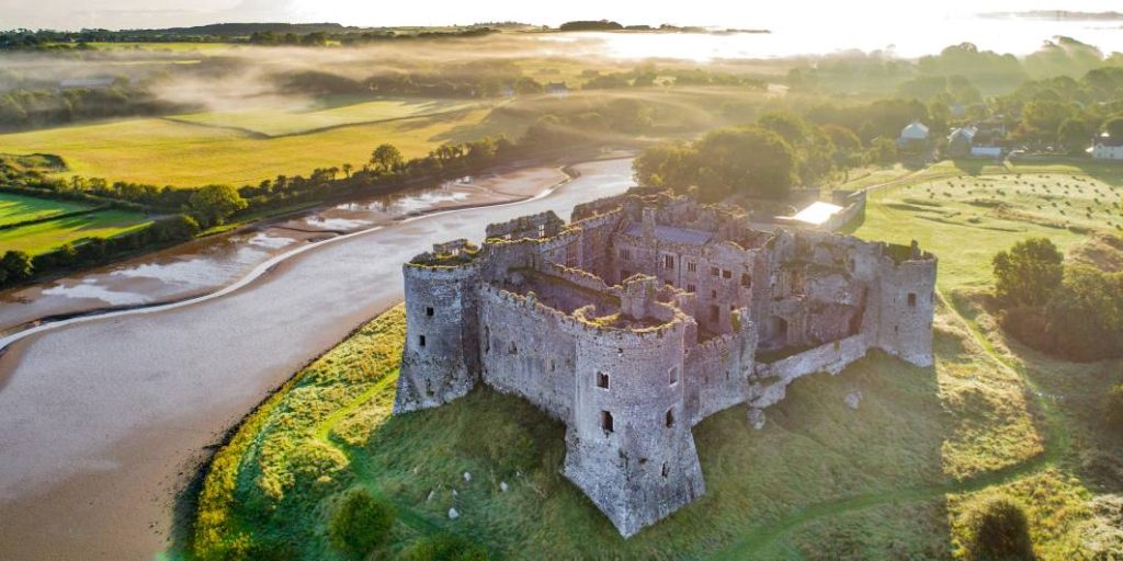 An aerial photo of Carew Castle