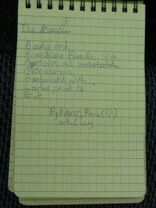 Acrostic poem written in a notepad. It reads: <ul> The Bramble</ul>  Bushy and Rambling Bramble Aggressive and  Monstrous Burdened with Lovely fruit to  Eat. By Billy (8), Rosie (13) and Lucy