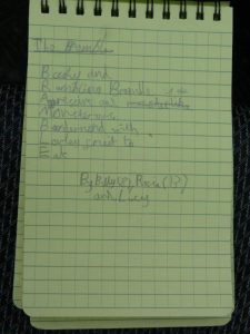 Acrostic poem written in a notepad. It reads: &lt;ul&gt; The Bramble&lt;/ul&gt;  Bushy and Rambling Bramble Aggressive and  Monstrous Burdened with Lovely fruit to  Eat. By Billy (8), Rosie (13) and Lucy