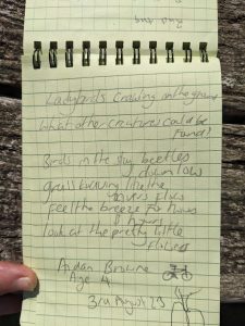 Poem written in a notebook. It reads: Ladybirds crawling on the ground What other creatures could be found? Birds in the sky, beetles down low, grass waving in the inverse flow Feel the freeze for hours and hours, look at the pretty little flowers  Aidan Browne age 4. 3rd August 23