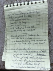 Poem written in a notebook. It reads: If you are playing monkeys and you want to say "look at the bird" you have to say "oo-oooo" and hold your hand out in the shape of the bird  And if you want to describe what the bird is doing You have the bird is doing You have to copy the movement  of the bird with your hand  and if you do this gliding in the current of air In perfect control, tensing, poised ready to dive and every finger, a feather at one with the wind, you can for a moment, become the bird