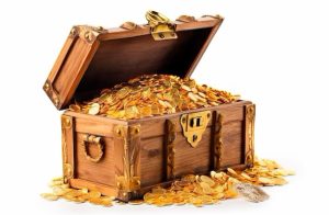 Treasure chest overflowing with gold coins