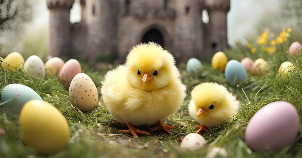 A pair of fluffy yellow chicks surrounded by small eggs.