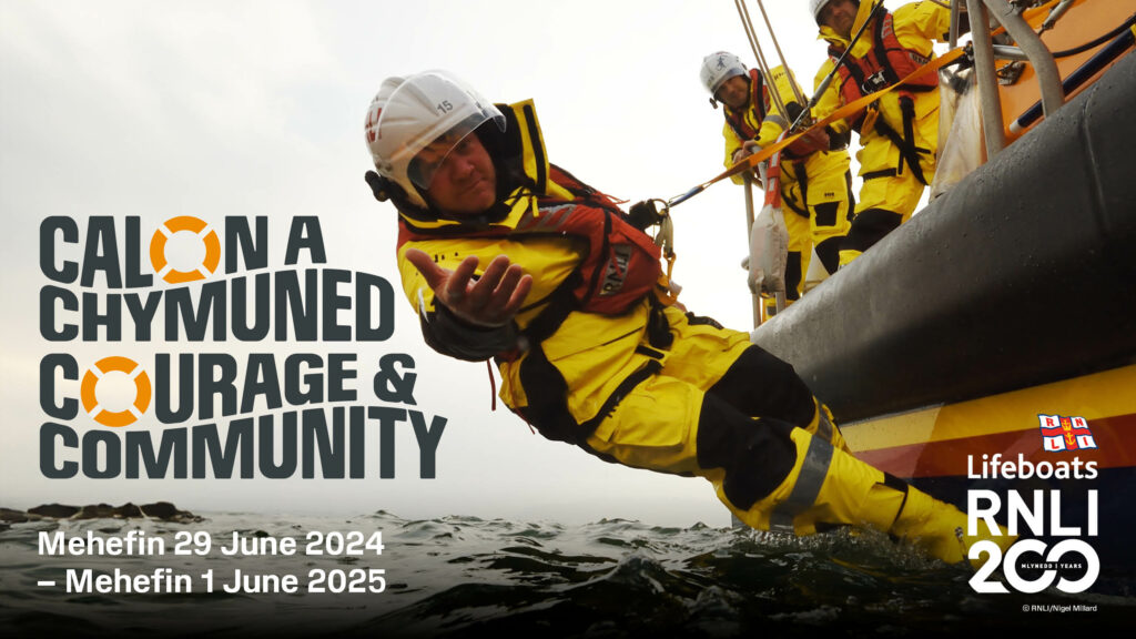 An exhibition flyer for Courage and Community, depicting a lifeboat man hanging off the edge of a boat, ready to rescue someone.