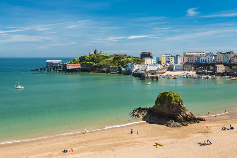 An elevated view of Tenby North Beach on a fine summer's day
