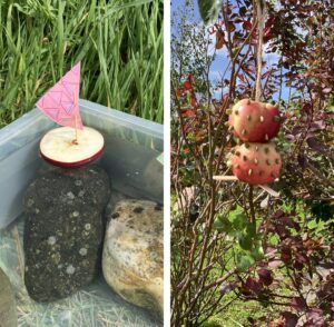 Image of an apple sail boat and apple bird feeders