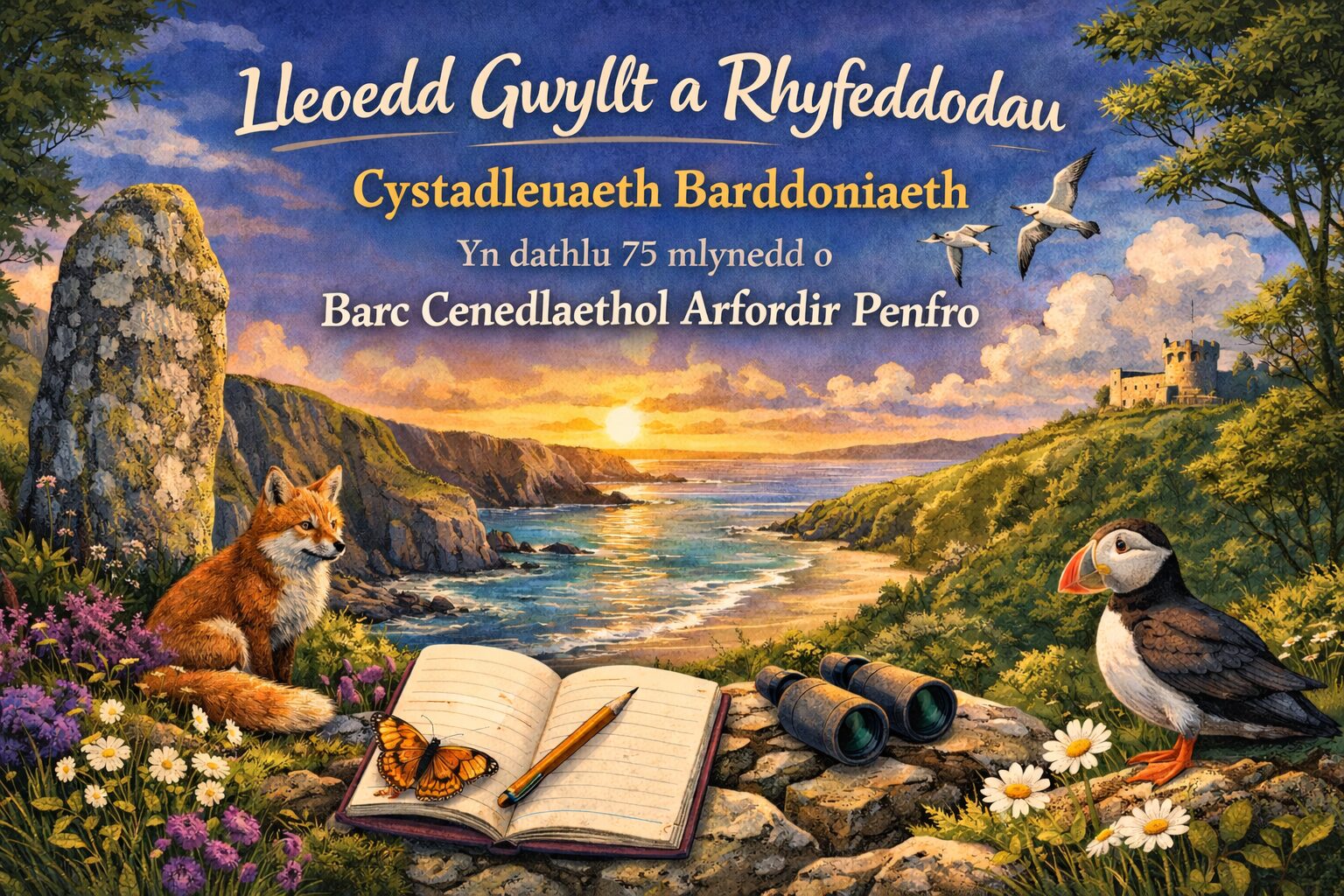 An illustration of a Pembrokeshire coast scene with an open notebook and a pen.